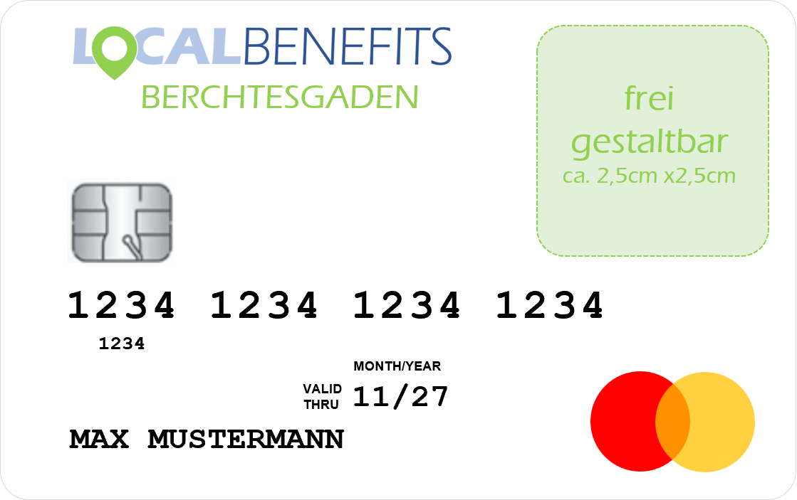 LOCALBENEFITS Sachbezugskarte, mit der Sie bei über 370 lokalen Händlern in Berchtesgaden den steuerfreien Sachbezug (€50) nutzen können.