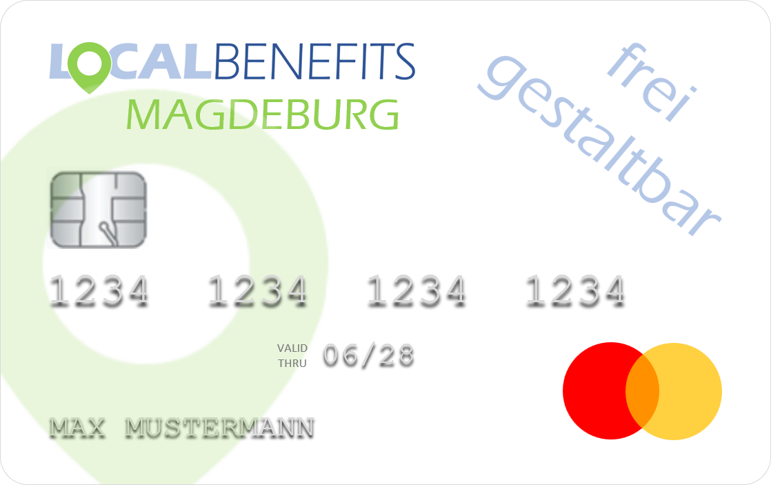 LOCALBENEFITS Sachbezugskarte, mit der Sie bei über 1600 lokalen Händlern in Magdeburg den steuerfreien Sachbezug (€50) nutzen können.