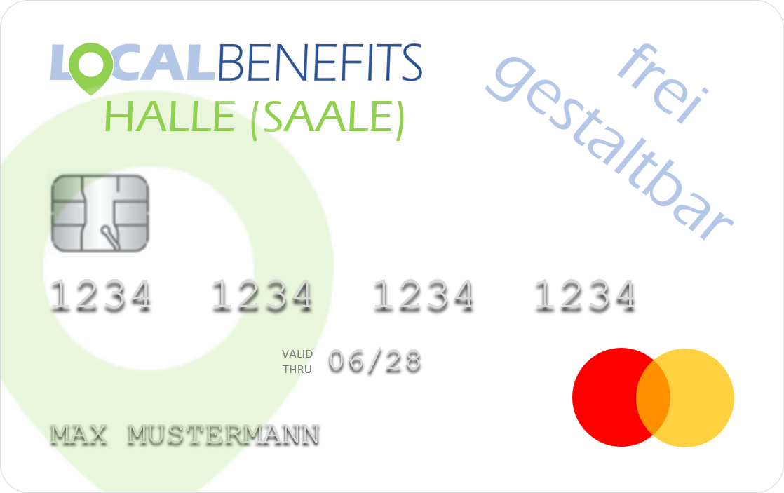 LOCALBENEFITS Guthabenkarte, mit der der steuerfreie Sachbezug (€50) in Halle (Saale) bei über 1000 lokalen Partnern genutzt werden kann.
