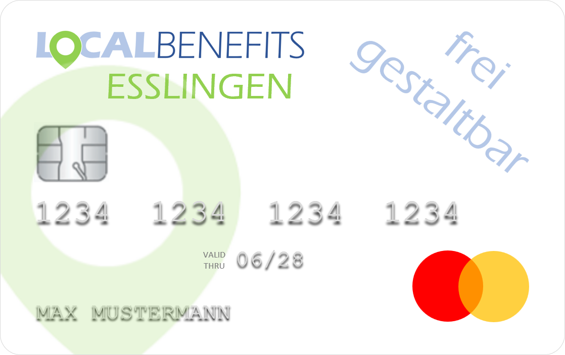 LOCALBENEFITS Guthabenkarte, mit der der steuerfreie Sachbezug (€50) in Esslingen am Neckar bei über 620 lokalen Partnern genutzt werden kann.