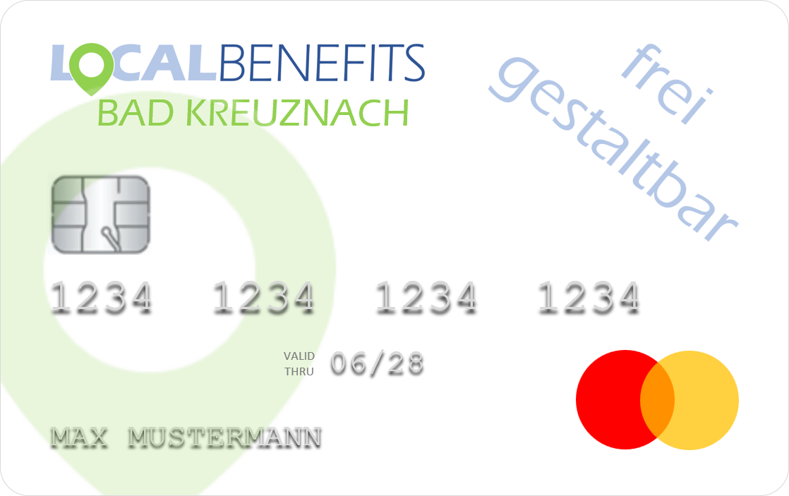 LOCALBENEFITS Sachbezugskarte, mit der Sie bei über 580 lokalen Händlern in Bad Kreuznach den steuerfreien Sachbezug (€50) nutzen können.