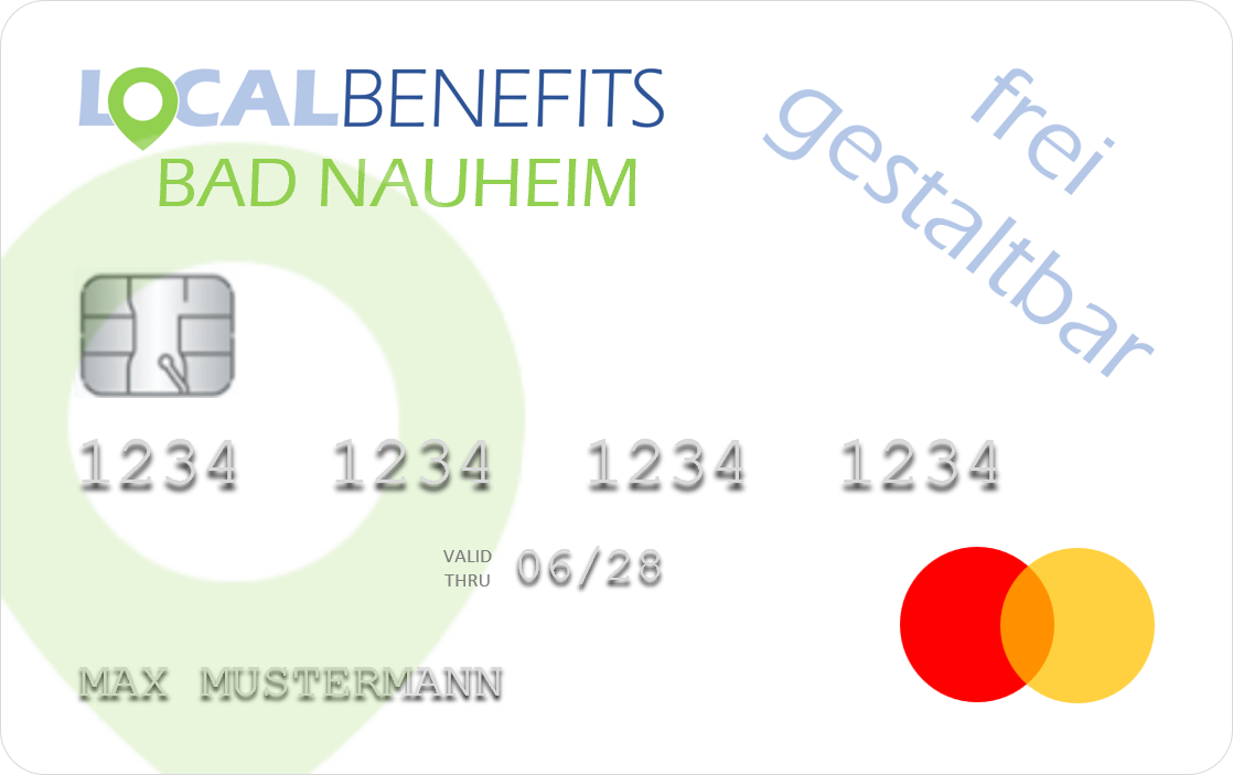 LOCALBENEFITS Sachbezugskarte zur Nutzung des steuerfreien Sachbezugs (€50) bei über 280 lokalen Händlern/Dienstleistern in Bad Nauheim.