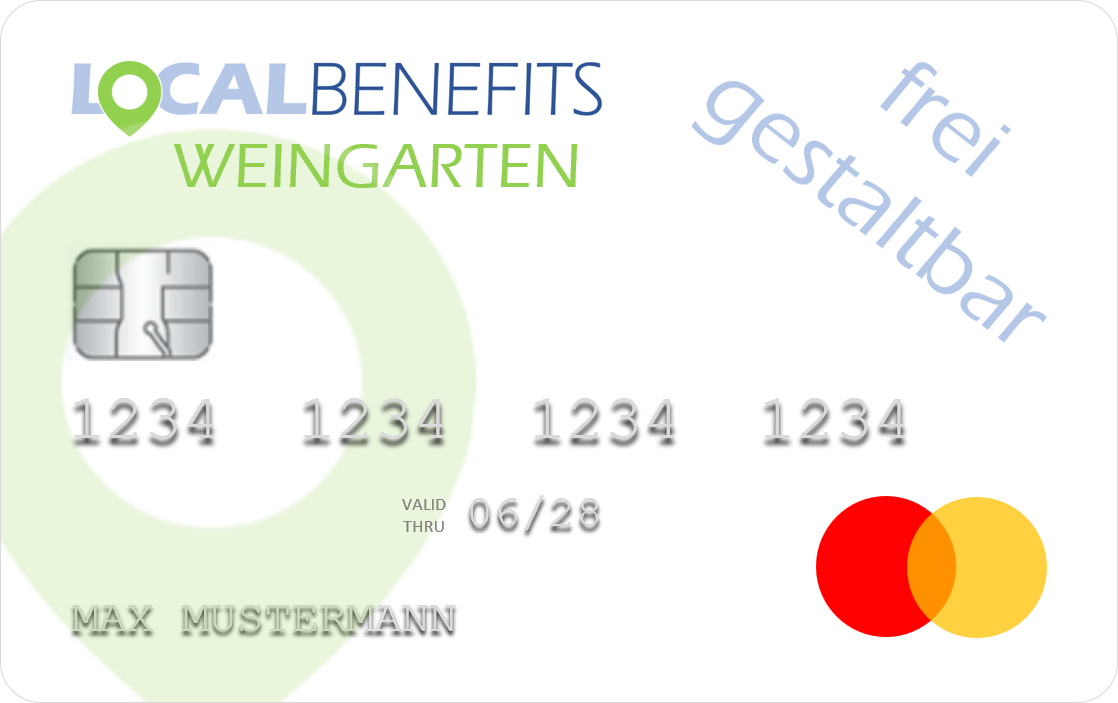 LOCALBENEFITS Guthabenkarte, mit der der steuerfreie Sachbezug (€50) in Weingarten bei über 220 lokalen Partnern genutzt werden kann.