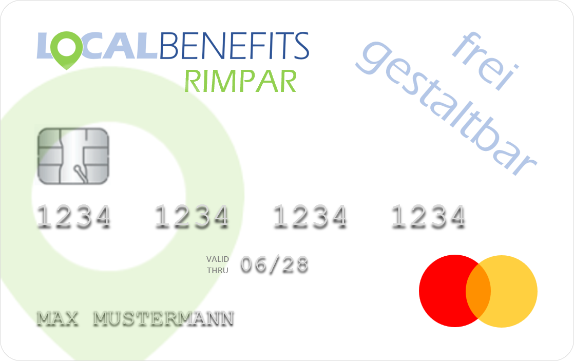 LOCALBENEFITS Guthabenkarte, mit der der steuerfreie Sachbezug (€50) in Rimpar bei über 14 lokalen Partnern genutzt werden kann.