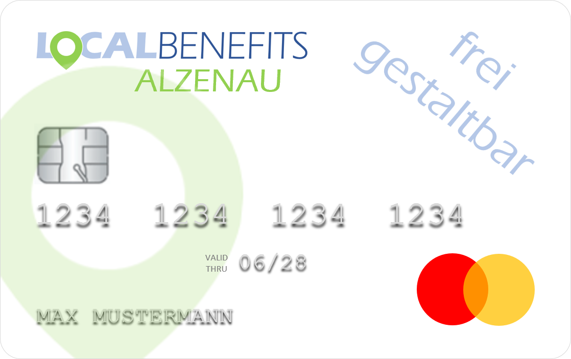 LOCALBENEFITS Guthabenkarte, mit der der steuerfreie Sachbezug (€50) in Alzenau bei über 140 lokalen Partnern genutzt werden kann.