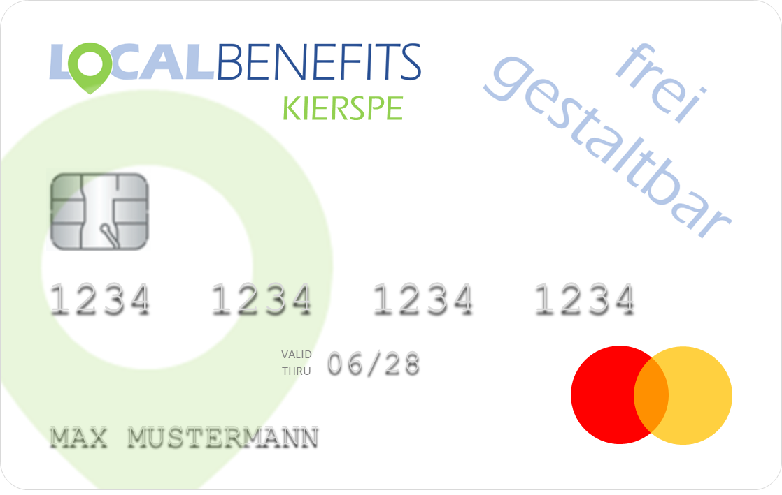 LOCALBENEFITS Guthabenkarte, mit der der steuerfreie Sachbezug (€50) in Kierspe bei über 70 lokalen Partnern genutzt werden kann.