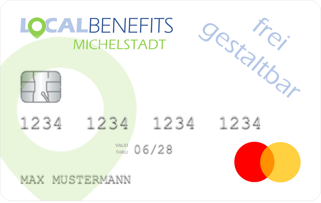 LOCALBENEFITS Sachbezugskarte, mit der Sie bei über 120 lokalen Händlern in Michelstadt den steuerfreien Sachbezug (€50) nutzen können.