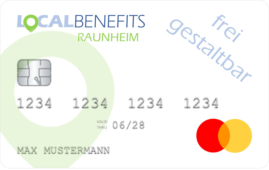 LOCALBENEFITS Guthabenkarte, mit der der steuerfreie Sachbezug (€50) in Raunheim bei über 100 lokalen Partnern genutzt werden kann.