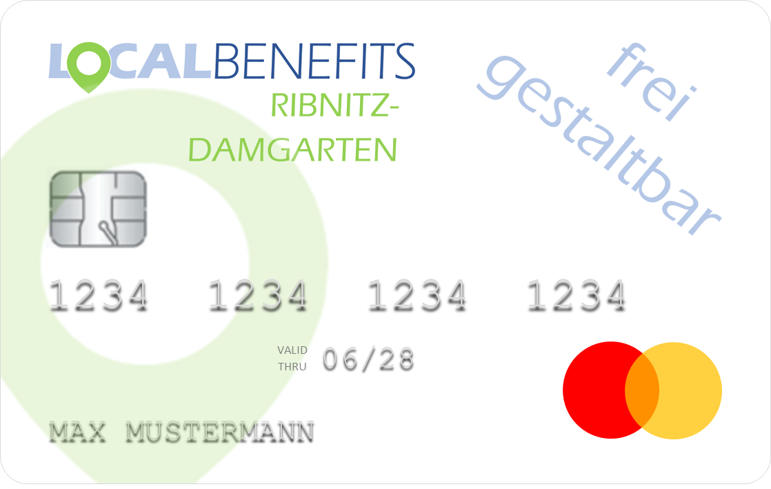 LOCALBENEFITS Guthabenkarte, mit der der steuerfreie Sachbezug (€50) in Ribnitz-Damgarten bei über 120 lokalen Partnern genutzt werden kann.