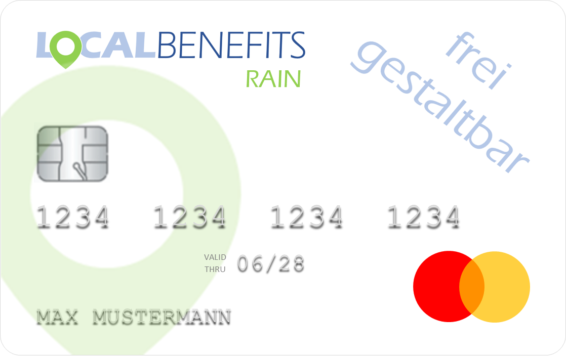 LOCALBENEFITS Guthabenkarte, mit der der steuerfreie Sachbezug (€50) in Rain bei über 60 lokalen Partnern genutzt werden kann.