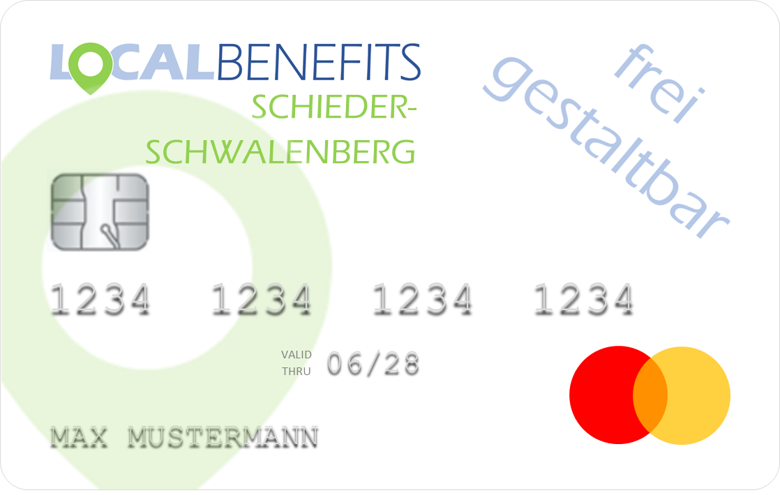 LOCALBENEFITS Sachbezugskarte, mit der Sie bei über 20 lokalen Händlern in Schieder-Schwalenberg den steuerfreien Sachbezug (€50) nutzen können.