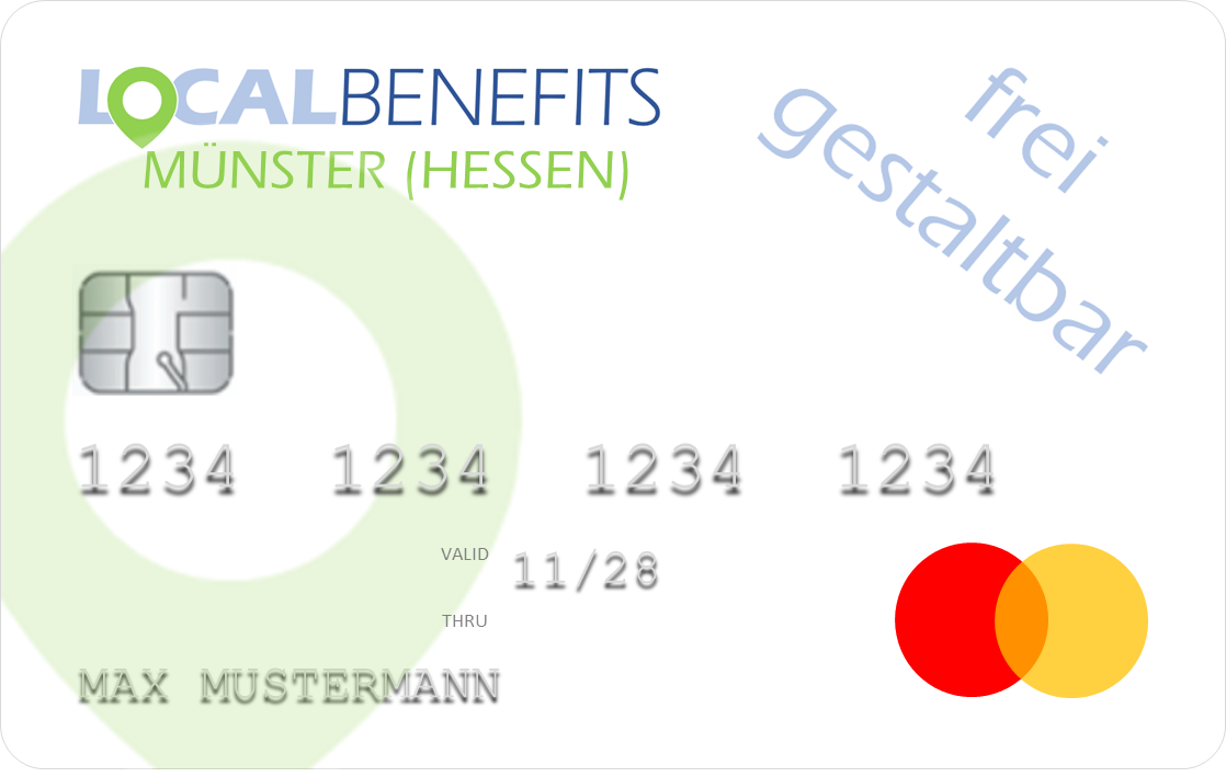 LOCALBENEFITS Guthabenkarte, mit der der steuerfreie Sachbezug (€50) in Münster (Hessen) bei über 40 lokalen Partnern genutzt werden kann.