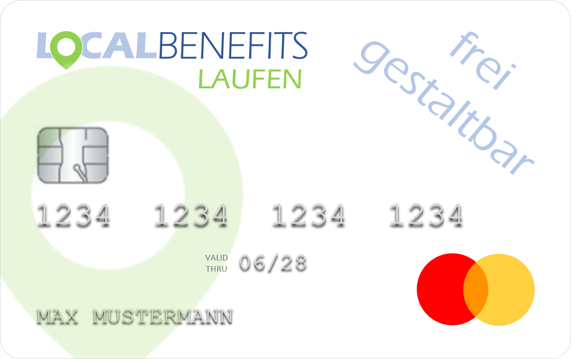 LOCALBENEFITS Guthabenkarte, mit der der steuerfreie Sachbezug (€50) in Laufen bei über 60 lokalen Partnern genutzt werden kann.