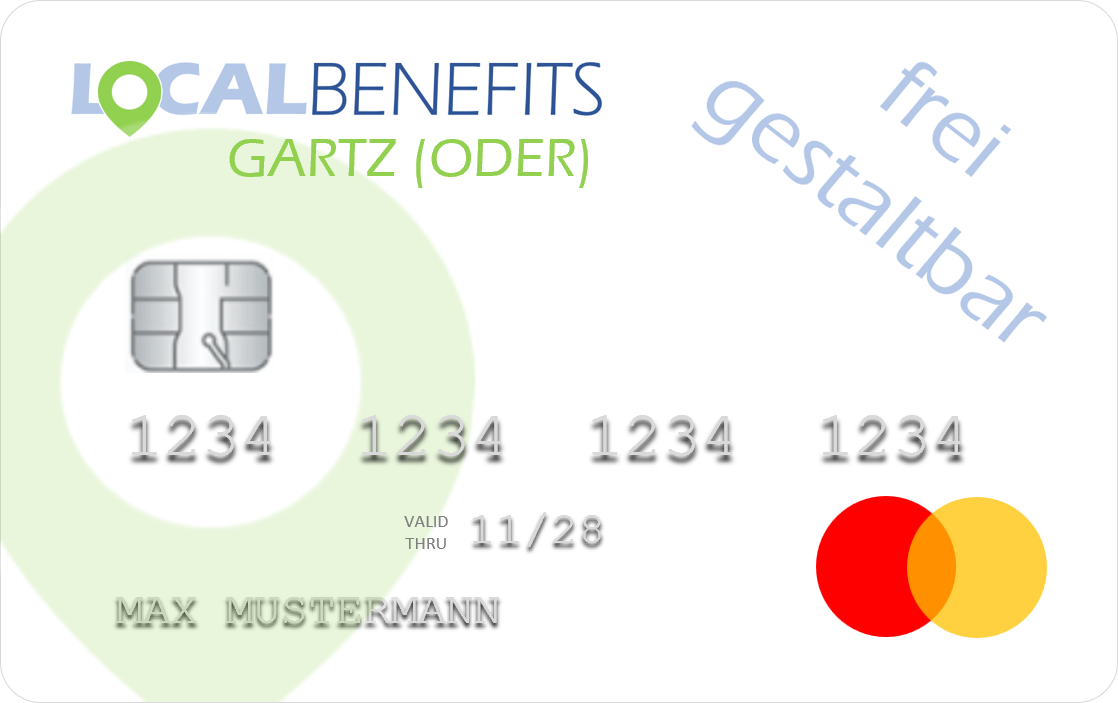 LOCALBENEFITS Guthabenkarte, mit der der steuerfreie Sachbezug (€50) in Gartz (Oder) bei über 11 lokalen Partnern genutzt werden kann.