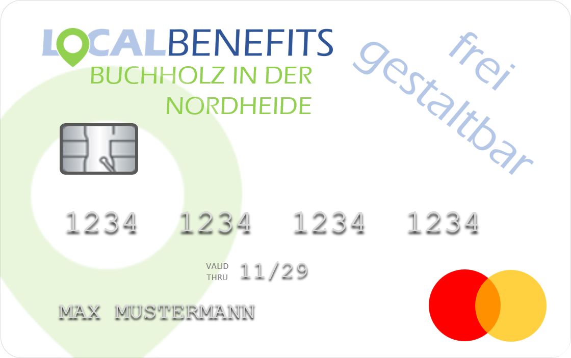 LOCALBENEFITS Sachbezugskarte, mit der Sie bei über 280 lokalen Händlern in Buchholz in der Nordheide den steuerfreien Sachbezug (€50) nutzen können.